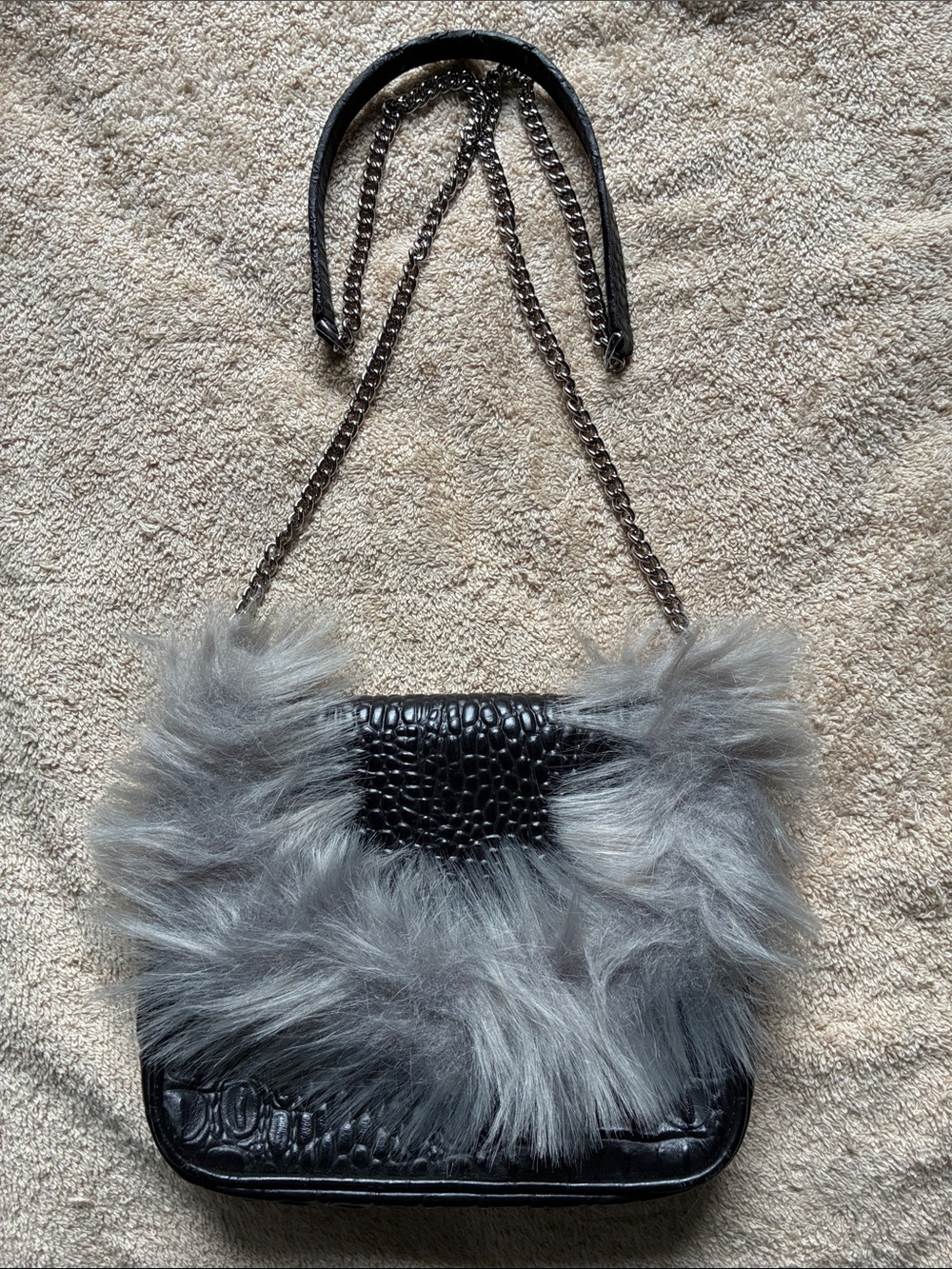 VHNY Black Leather Faux Croc Crossbody Bag with Gray Faux Fur Trim